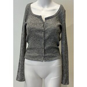 Womens Rib Knit Cardigan Sweater M Gray‎ Button Up  Y2K Preppy Elena Gilbert